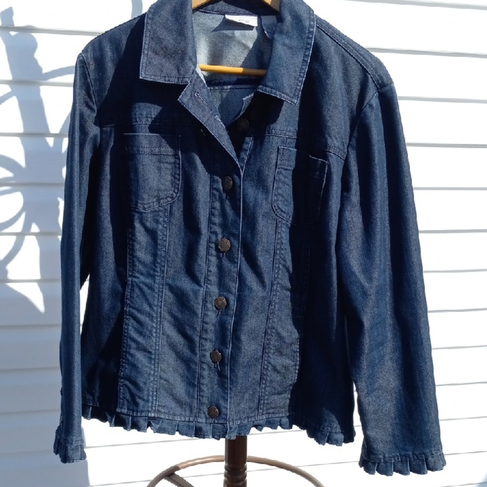 Womens Chico's Dark Blue Jean Jacket With Ruffle Sleeves And Bottom Size 3